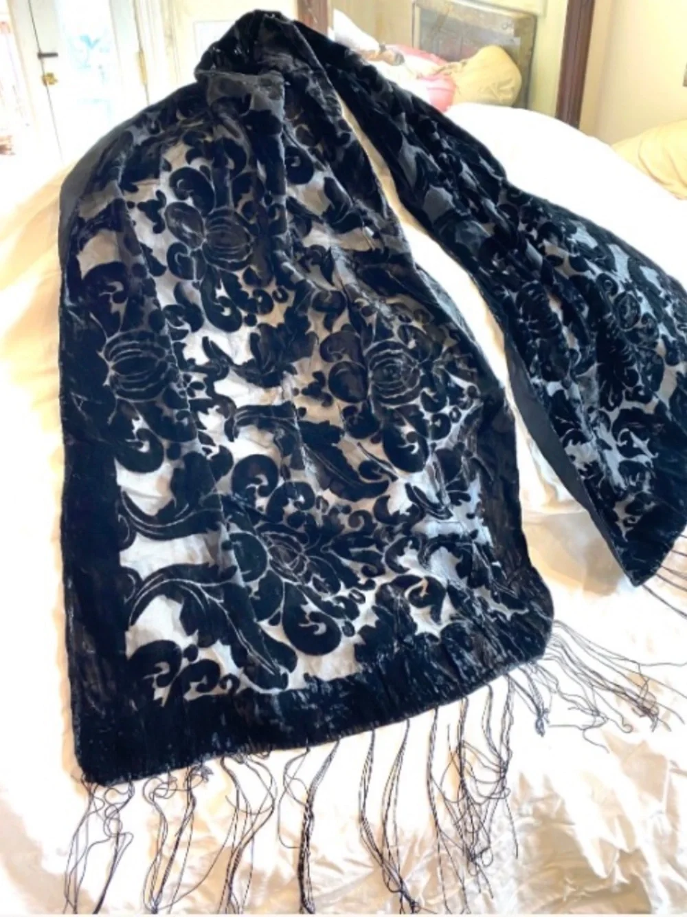 Gorgeous Black Velvet Scarf, Semi Sheer, Burn out, Fringed, Piano Scarf, Damask